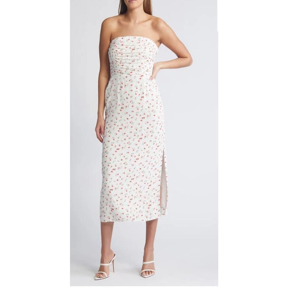 WAYF Birdie Ruched Strapless Midi Dress Ivory Ditsy Women's Small #P3